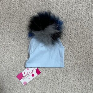 Bari Lynn Light Blue Infant Beanie with Black and Gray Pom Pom